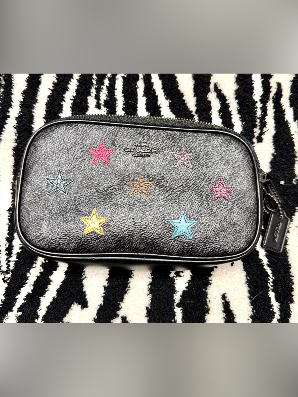 COACH 2019 Double Zip Black Monogram Leather Crossbody with Multicolor Stars